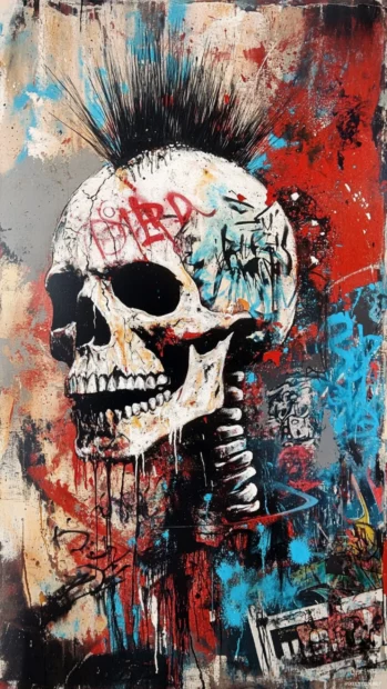 A skull with mohawk surrounded by chaos in urban spray.
