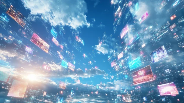 A sky filled with floating advertisements and glowing data clouds.
