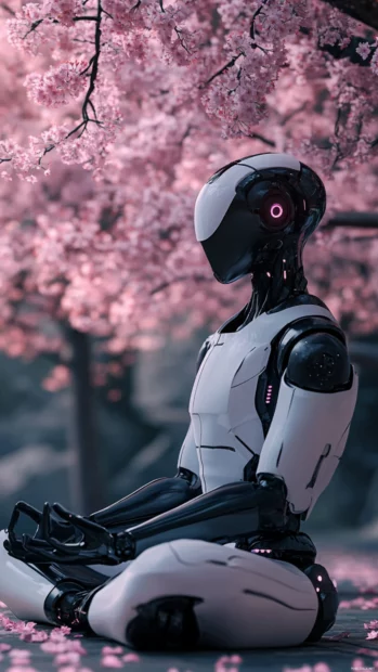 A sleek android meditating under an electric cherry blossom tree.