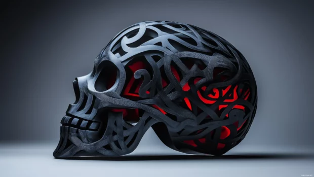 A sleek black skull with geometric patterns carved into its surface, glowing subtly with red or blue highlights.