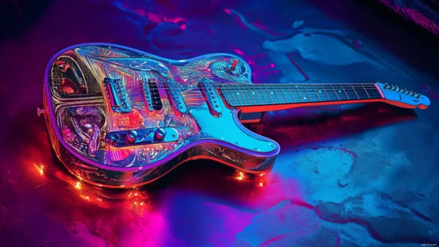 A sleek guitar, intricate patterns, textured base, colorful reflections, modern music.