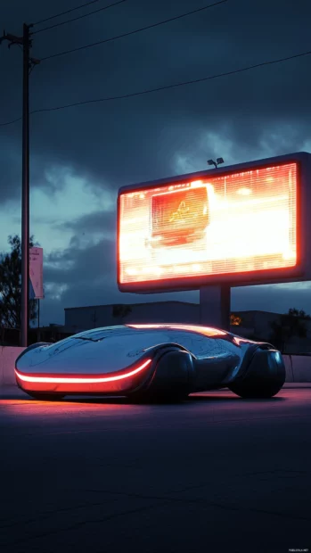 A sleek hovercar parked by a glowing billboard, designed for cyberpunk mobile visuals.