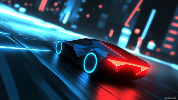 A sleek neon sports car with glowing neon accents in electric blue and red, racing down a dark city street with motion blur effects, illuminated by vibrant neon lights.