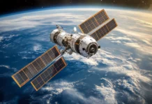 A sleek space station orbiting Earth in high detail, Space PC Wallpapers 1080p inspiration.
