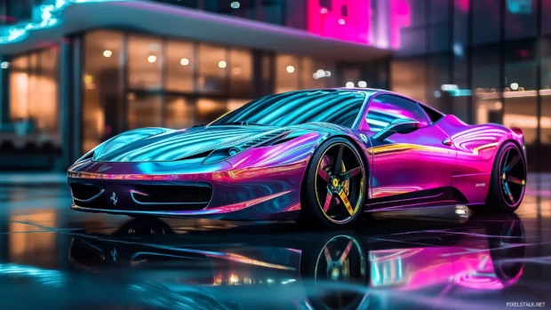 A sleek sports car with vibrant neon lights, reflecting colorful patterns on its polished body as it speeds through a dark urban street, surrounded by glowing signs and futuristic buildings.