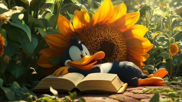 A sleepy Daffy Duck naps under a giant sunflower with a book on his belly.