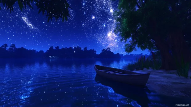A sleepy bay bathed in shimmering star rivers.