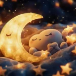 A sleepy moon cradling a bunch of kawaii stars.