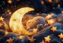 A sleepy moon cradling a bunch of kawaii stars.