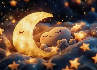 A sleepy moon cradling a bunch of kawaii stars.