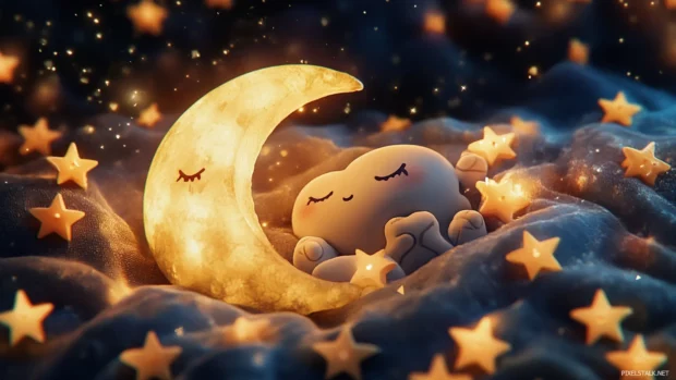 A sleepy moon cradling a bunch of kawaii stars.