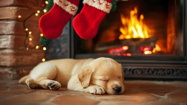 A sleepy puppy curled up beside the fireplace with Christmas socks hanging above.