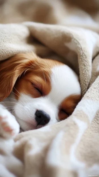 A sleepy puppy curled up in a blanket, perfect background for your phone with adorable small dog wallpaper vibes.