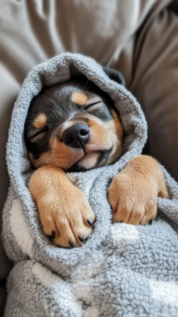 A sleepy puppy wearing a hoodie lying on a cozy bed.