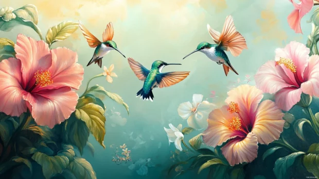 A small flock of hummingbirds hovering among giant pastel flowers.