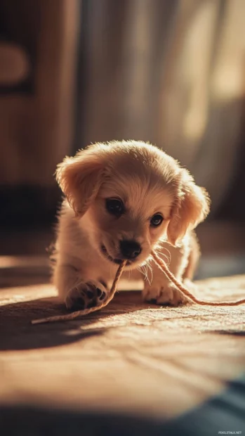 A small puppy chewing on a shoelace in a warm lit room.