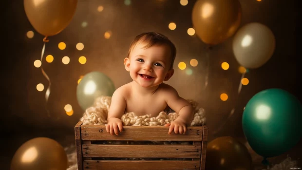 A smiling baby boy sitting in a wooden basket surrounded by colorful balloons and soft sunlight streaming in.