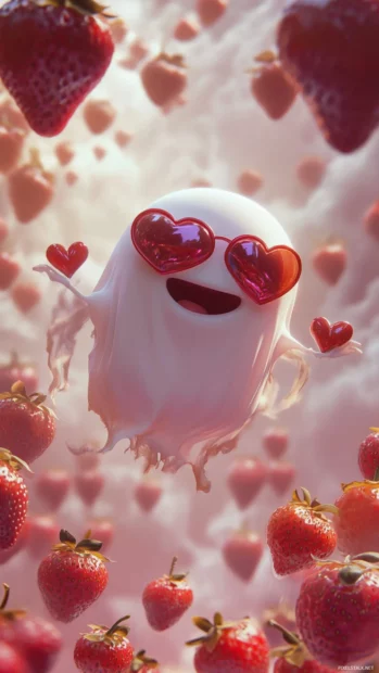 A smiling ghost with heart sunglasses flies through floating strawberry fields.