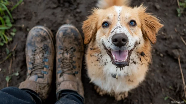 A smiling pup beside a pair of muddy shoes after playing outside.