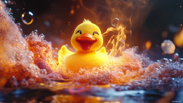 A smiling rubber duck appears from a bubble volcano mid laughter.