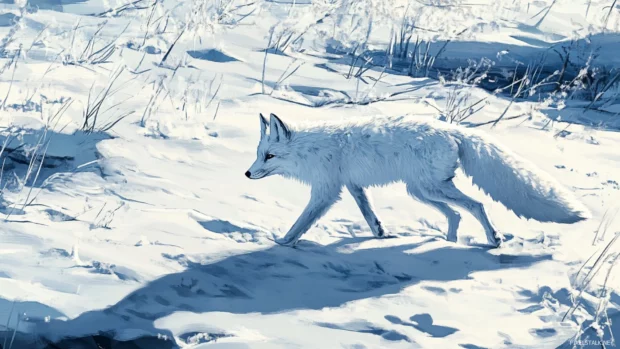 A snow fox walking across the frozen tundra.
