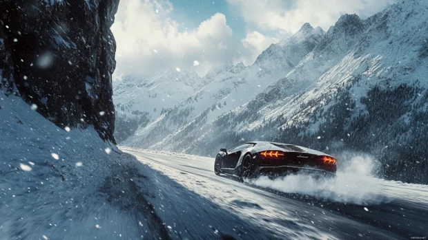 A snowy day photo of Lamborghini climbing an alpine mountain road with snow kicking up.
