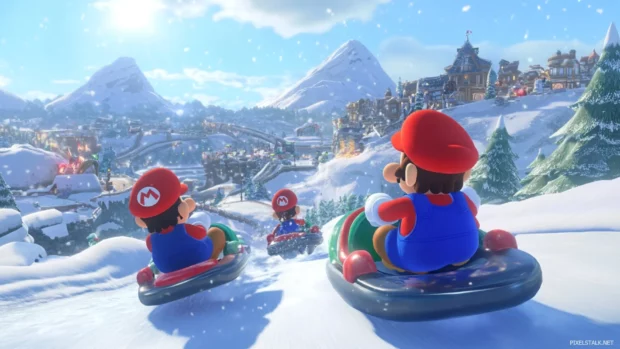 A snowy mountain backdrop surrounds Mario and Luigi during a sledding stage.