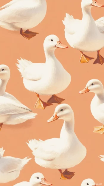 A soft aesthetic arrangement of ducks cuddling pillows in repeated storybook pattern.