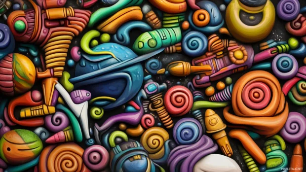 A soft black background filled with cartoon doodles of planets, rocket ships, and spaceships in vibrant colors, giving a fun space adventure vibe for kids.