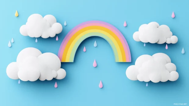 A soft blue wallpaper with fluffy white clouds, rainbow arches, and little raindrops, creating a whimsical sky theme perfect for a kids room.