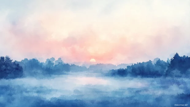 A soft dawn over misty fields creating a beautiful watercolor background for Macbook.
