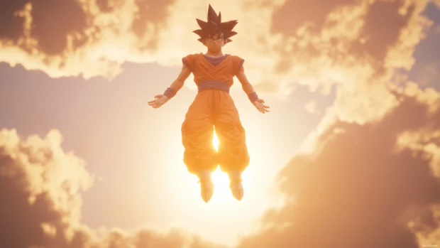 A soft glow lights Gokus face as he floats midair with calm precision.