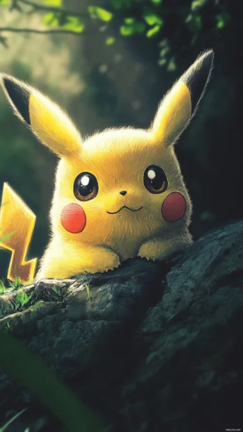 A soft glow lights Pikachus cheeks as it peers from behind a rock.