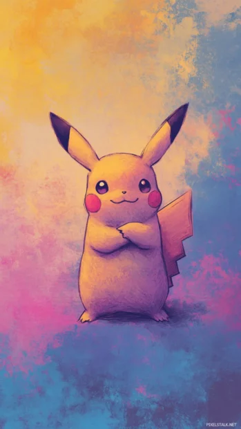 A soft gradient blends behind Pikachu as he stands confidently with arms crossed.