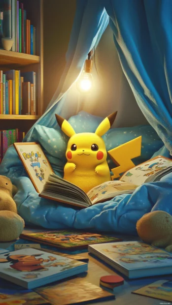 A soft pillow fort surrounds Pikachu as it plays with storybooks and plushies.