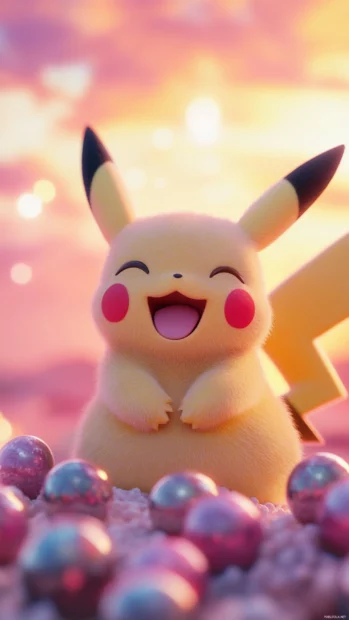 A soft pink sky glows behind Pikachu as it giggles next to a stack of tiny Poké Balls, ideal for Cute Pikachu Wallpaper.