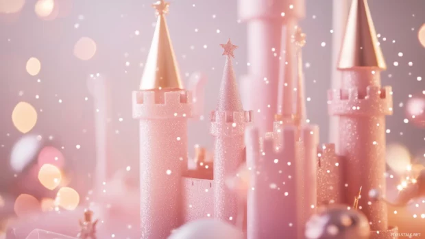A soft pink wallpaper with fairytale elements like castles, magical wands, and sparkling stars, for a fantasy inspired kids room.