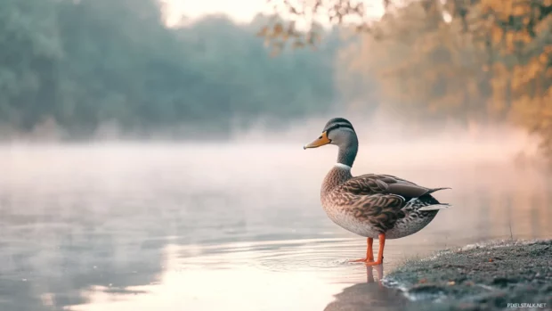 A soft toned Duck wallpaper where a duck stands on one leg near a misty lake shore.