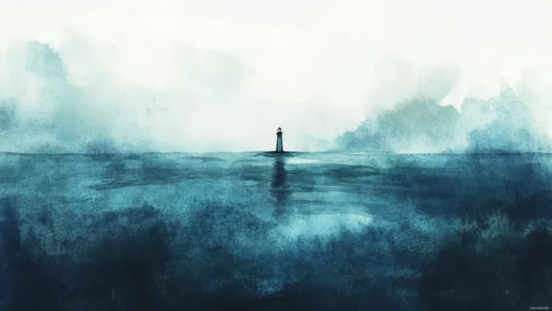 A solitary lighthouse standing against the vast watercolor ocean.