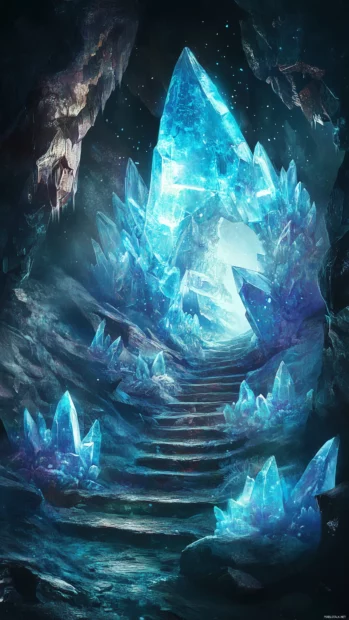 A sparkling ice cave with shimmering blue tones, intricate crystal formations, and soft light filtering through.