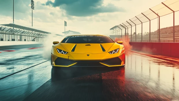 A split tone Lamborghini wallpaper showing transition from clean studio to action packed racetrack.