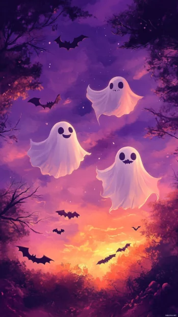 A spooky but fun Ghost iPhone Wallpapers where ghosts grin mischievously under a purple sky with bats.