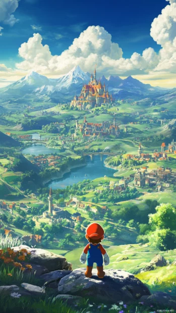 A sprawling Bowsers Castle in the distance, a formidable Super Mario landmark.