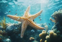 A starfish clinging to a coral reef, its spiny arms spread out as small fish swim around, with a peaceful underwater ambiance.