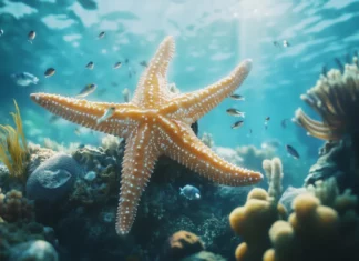 A starfish clinging to a coral reef, its spiny arms spread out as small fish swim around, with a peaceful underwater ambiance.