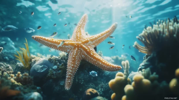 A starfish clinging to a coral reef, its spiny arms spread out as small fish swim around, with a peaceful underwater ambiance.