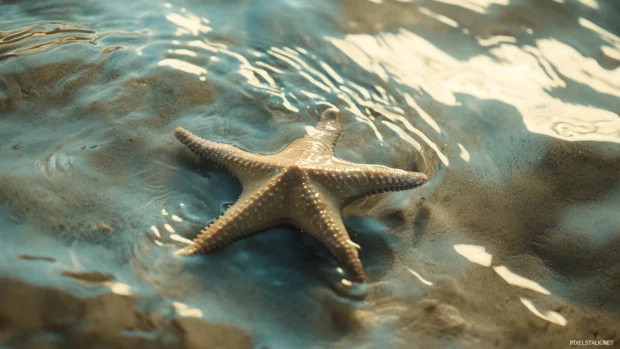 A starfish in shallow water, partially submerged in the sand with gentle waves washing over it, casting soft shadows and reflections on the wet sand.