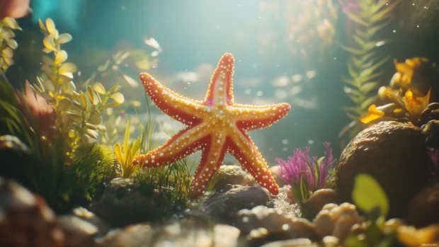 A starfish in vivid red and yellow colors, positioned near a variety of sea plants with bright sunlight creating an ethereal underwater glow.