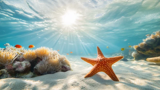 A starfish slow moving, ocean floor, sea anemones array, colorful fish, sunlit water, calming beach scene.