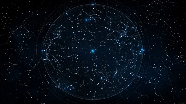 A starmap interface with flickering digital constellations.